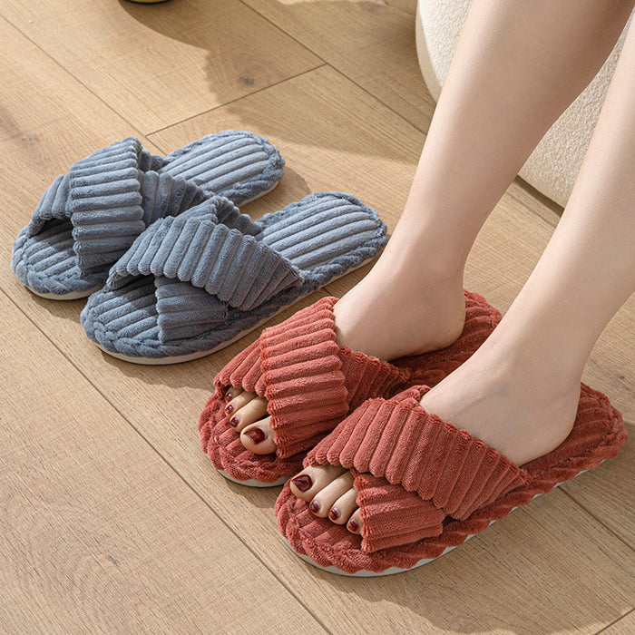 Cross Toed Couple Velvet Slippers