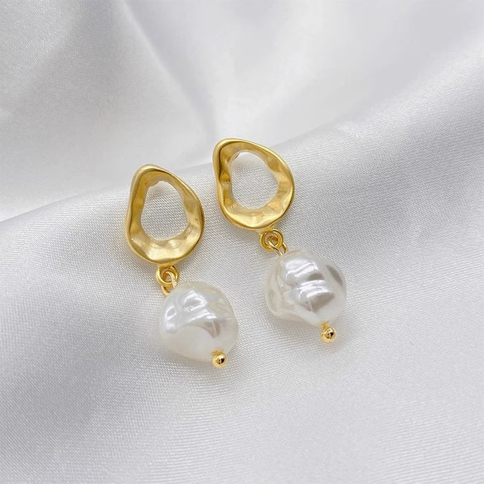 Unique Irregular French Style Metal Pearl Dangle Earrings for Women, Fashion Ear Jewelry