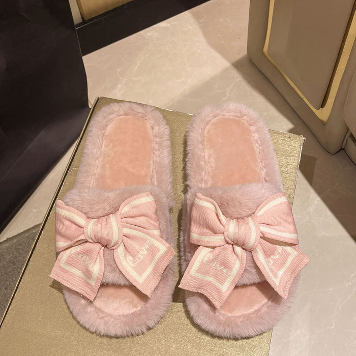 Cozy Women's Slippers with Bowknot and Fluffy Fur for Home and Floor in Autumn and Winter