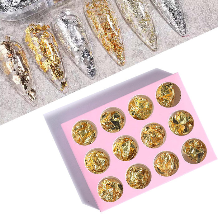 Multi-Shaped Glitter Nail Art Accessories Set with Gold and Silver Foil Flakes