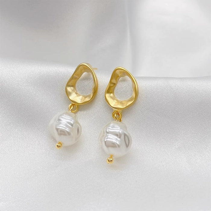 Unique Irregular French Style Metal Pearl Dangle Earrings for Women, Fashion Ear Jewelry