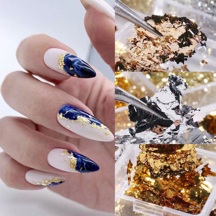 Multi-Shaped Glitter Nail Art Accessories Set with Gold and Silver Foil Flakes