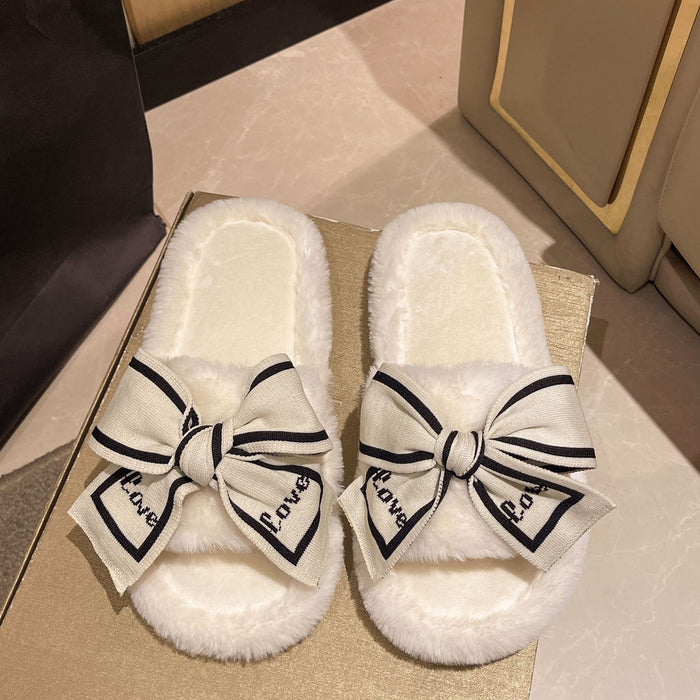 Cozy Women's Slippers with Bowknot and Fluffy Fur for Home and Floor in Autumn and Winter