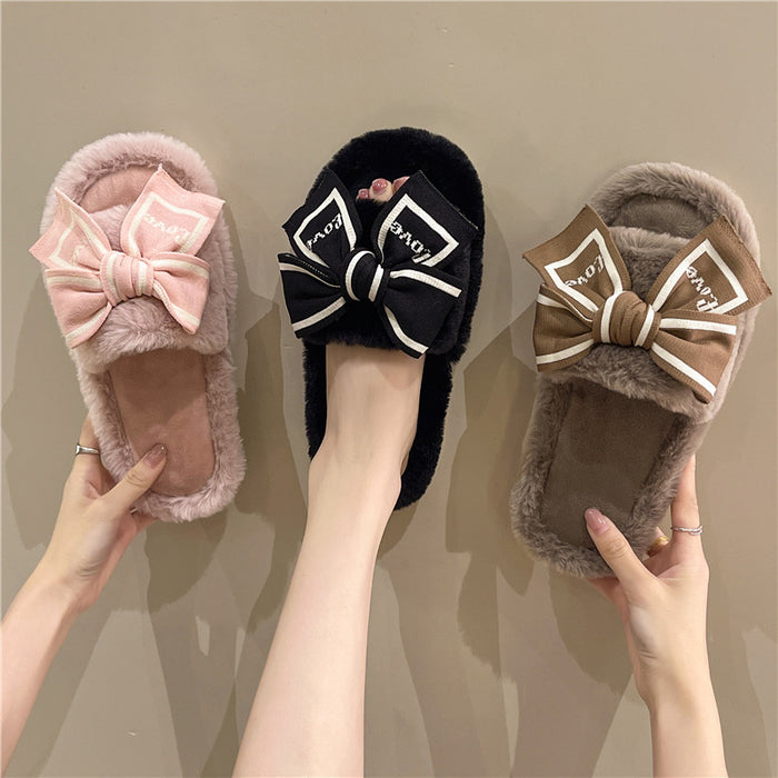 Cozy Women's Slippers with Bowknot and Fluffy Fur for Home and Floor in Autumn and Winter