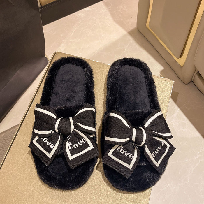 Cozy Women's Slippers with Bowknot and Fluffy Fur for Home and Floor in Autumn and Winter