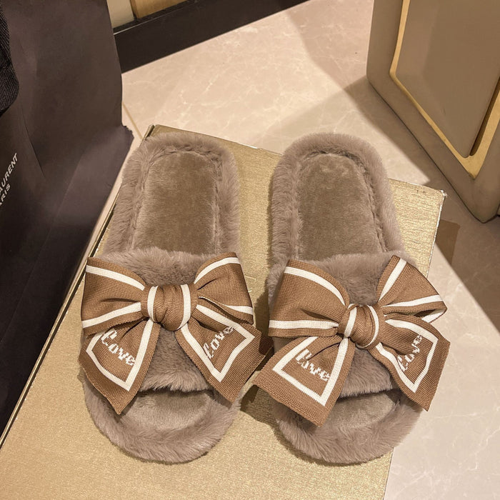 Cozy Women's Slippers with Bowknot and Fluffy Fur for Home and Floor in Autumn and Winter