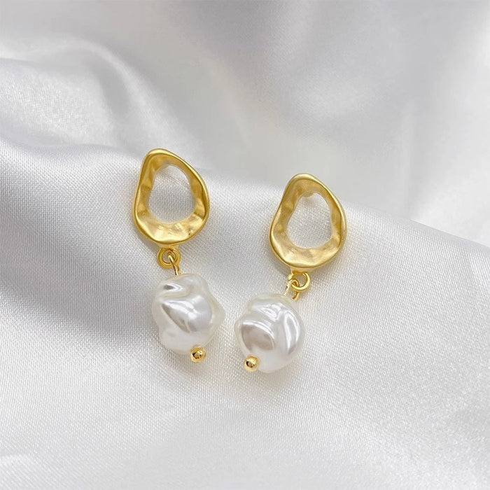 Unique Irregular French Style Metal Pearl Dangle Earrings for Women, Fashion Ear Jewelry