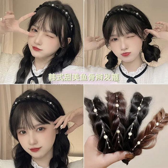 Elegant Pearl Fishbone Braided Wig Headband