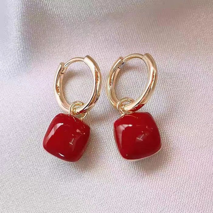 Elegant and Minimalist Red Dangling Square Earrings