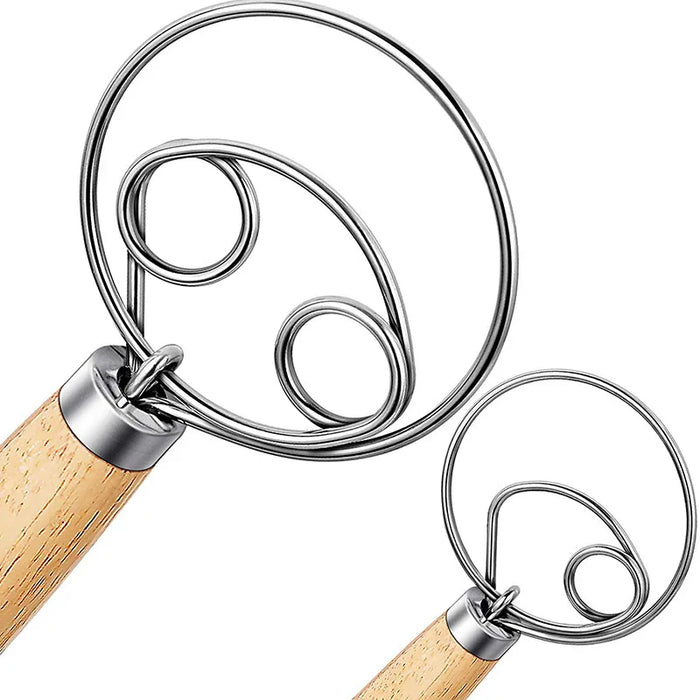 Stainless steel egg beater with double rings and wooden handle