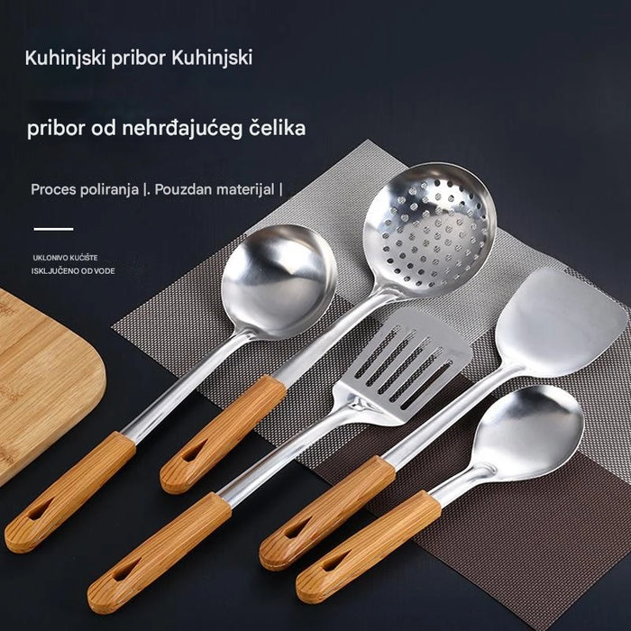 Premium Stainless Steel Kitchen Cooking Tool Set with Thick Wooden Handle - Soup Ladle, Spatula, Stir Fry Shovel