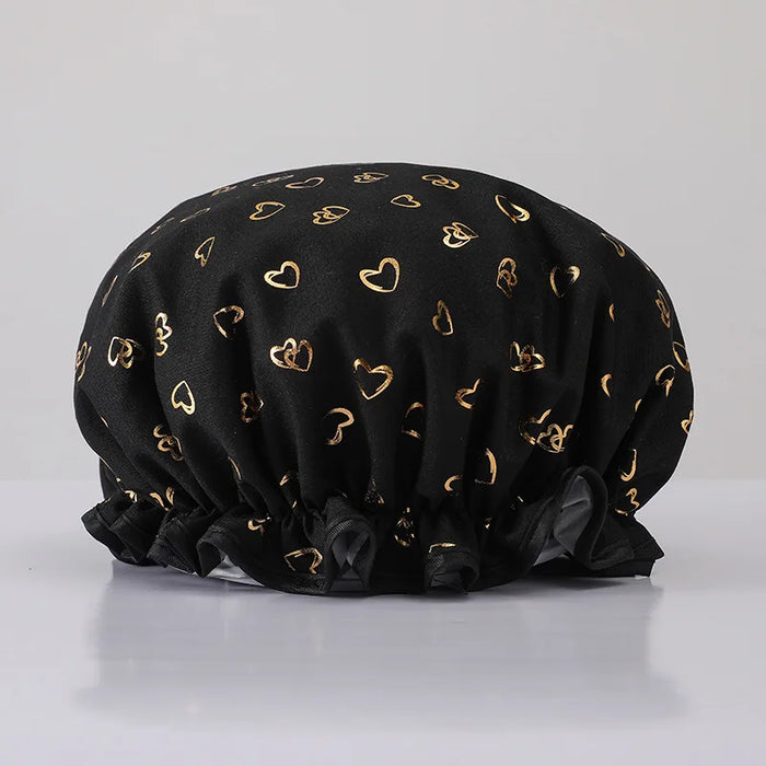 Stylish double-layer waterproof women's shower cap with printed design