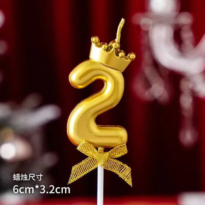 High-quality gold digital candle with crown and bow for birthday cake decoration