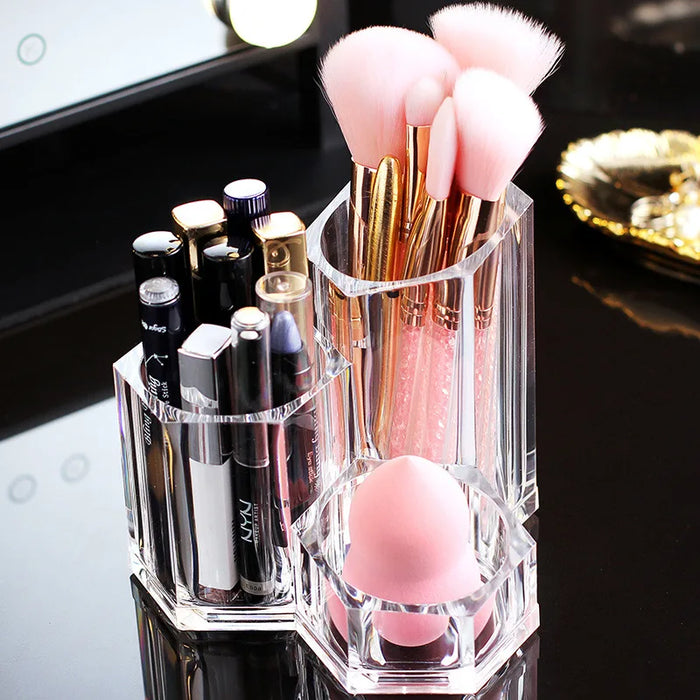 Clear acrylic makeup brush holder with multiple compartments