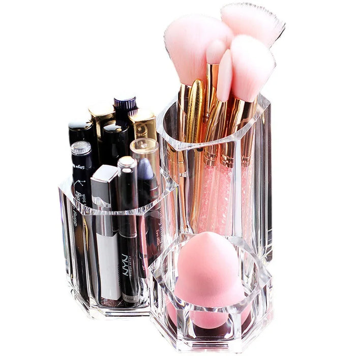 Clear acrylic makeup brush holder with multiple compartments