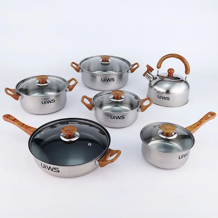 Stainless Steel Cookware Set with Wooden Handles and Kettle, Perfect for Cooking in the Kitchen