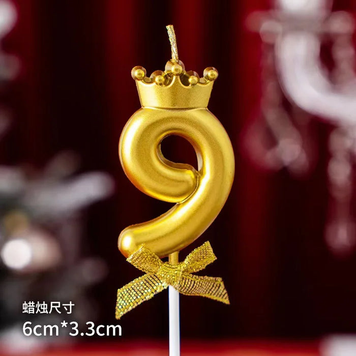 High-quality gold digital candle with crown and bow for birthday cake decoration