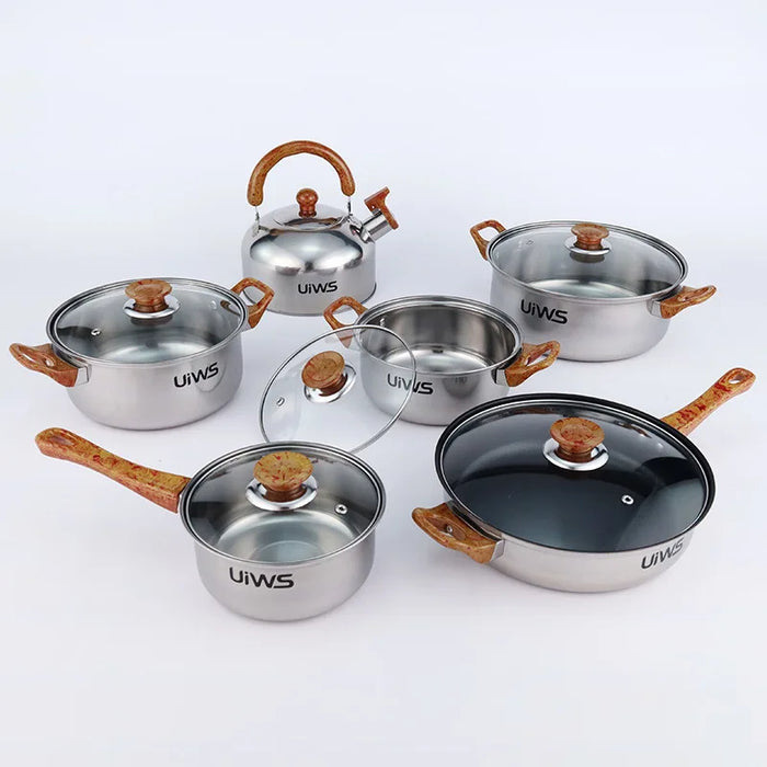 Stainless Steel Cookware Set with Wooden Handles and Kettle, Perfect for Cooking in the Kitchen