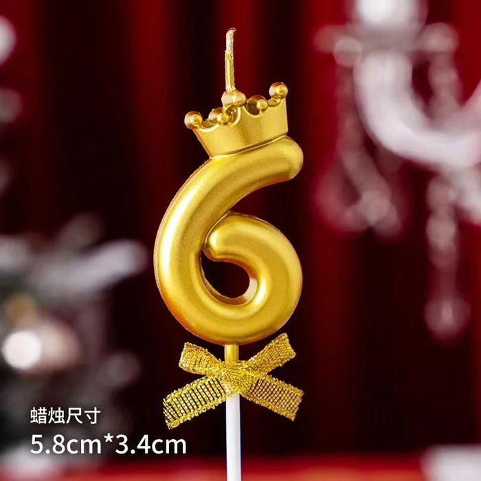 High-quality gold digital candle with crown and bow for birthday cake decoration