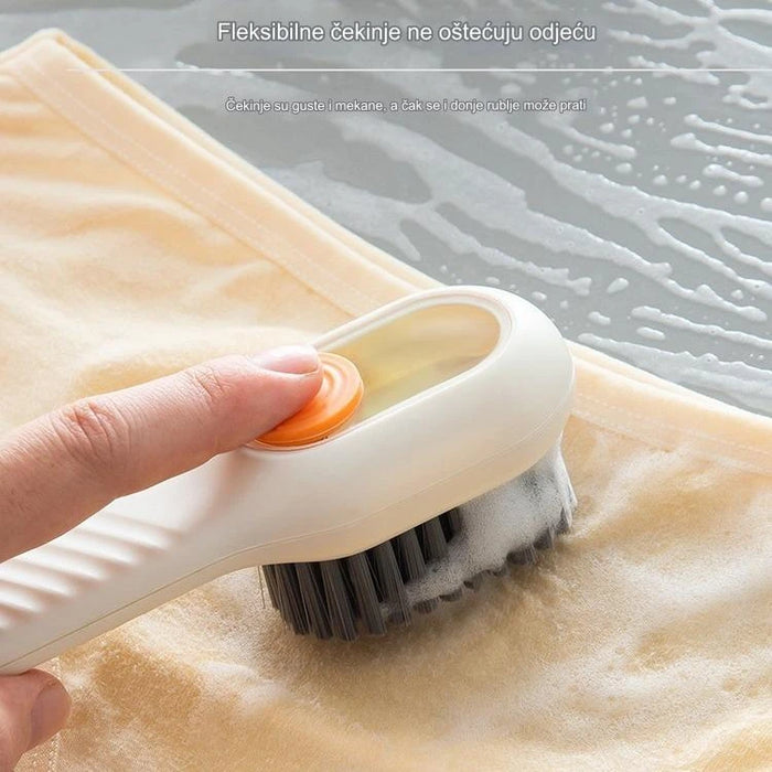 Versatile shoe brush with liquid dispenser and soft bristles