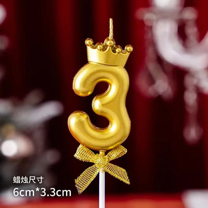 High-quality gold digital candle with crown and bow for birthday cake decoration