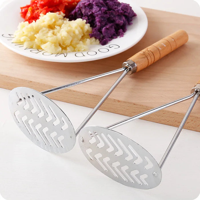 Potato masher and juicer, stainless steel fruit and vegetable press