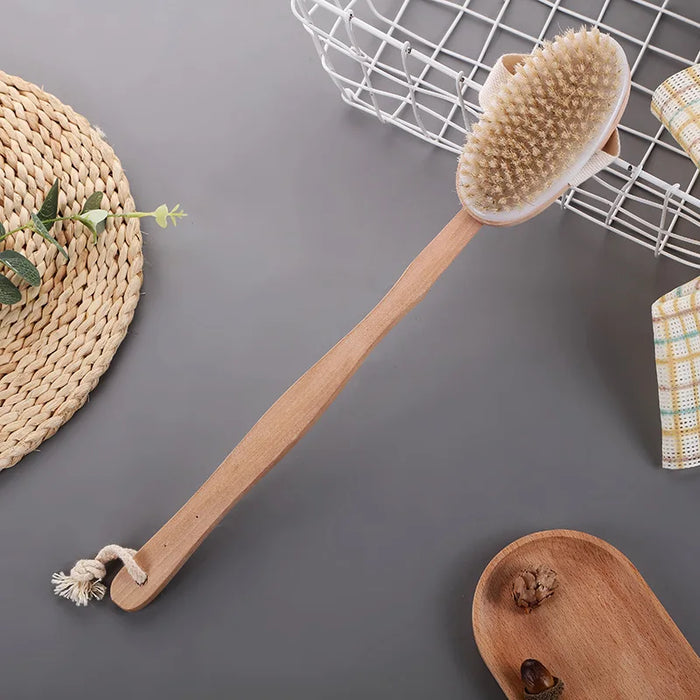 Premium Bath Brush with Long Handle for Deep Cleaning and Exfoliating, Natural Bristles and Wooden Handle