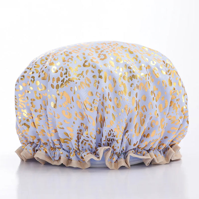 Stylish double-layer waterproof women's shower cap with printed design