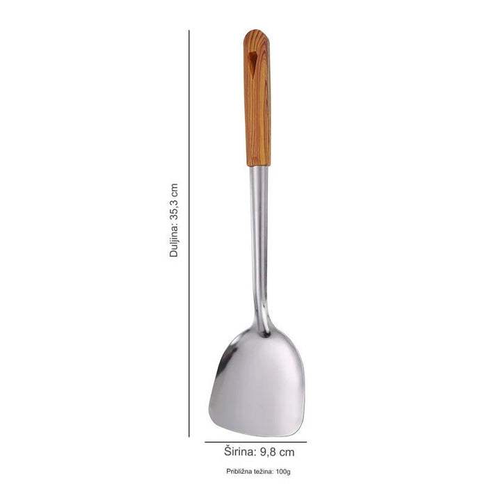 Premium Stainless Steel Kitchen Cooking Tool Set with Thick Wooden Handle - Soup Ladle, Spatula, Stir Fry Shovel