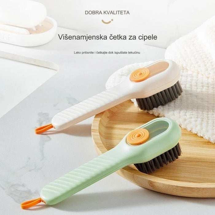 Versatile shoe brush with liquid dispenser and soft bristles