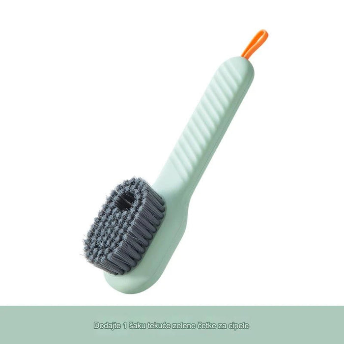 Versatile shoe brush with liquid dispenser and soft bristles