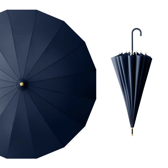 Double windproof umbrella with leather curved handle