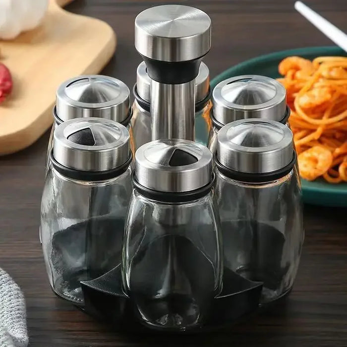 Stainless Steel Seasoning Set with 7 Spice Bottles and Rotating Base