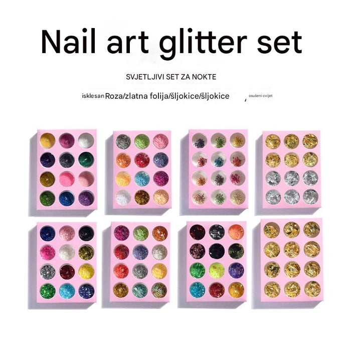 Multi-Shaped Glitter Nail Art Accessories Set with Gold and Silver Foil Flakes