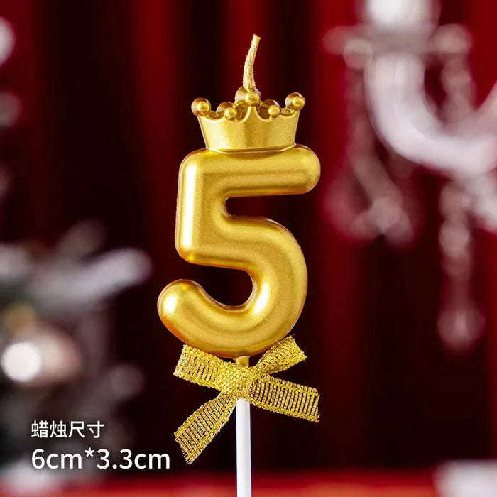 High-quality gold digital candle with crown and bow for birthday cake decoration