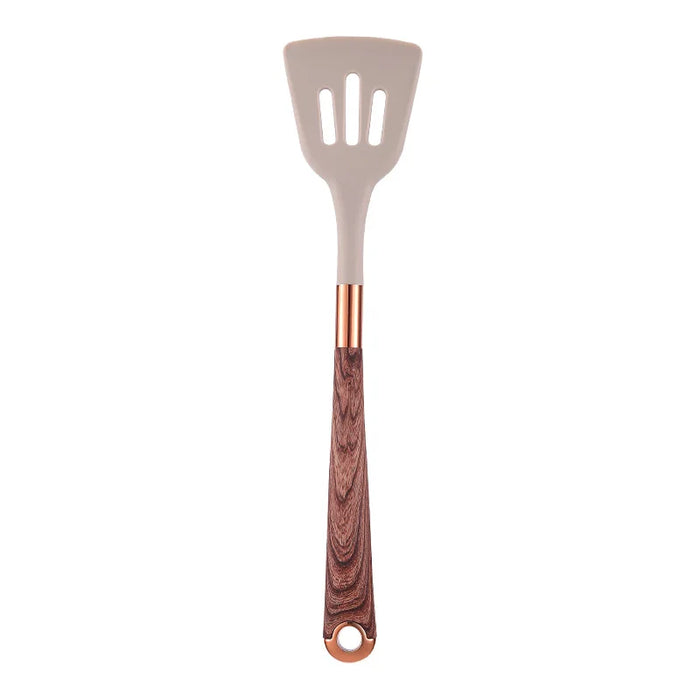 Premium non-stick cooking utensils set with gold-plated wood grain handle, heat-resistant silicone kitchen tools