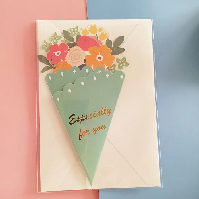 Unique 3D flower-shaped greeting card and bouquet set for teacher gratitude and birthday gifts