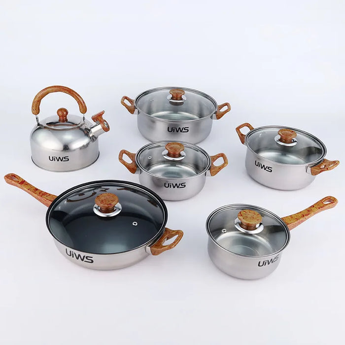 Stainless Steel Cookware Set with Wooden Handles and Kettle, Perfect for Cooking in the Kitchen