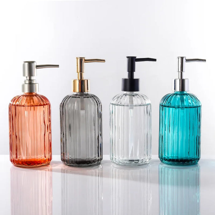 Luxury glass dispenser bottles for shampoo, body wash and hand sanitizer