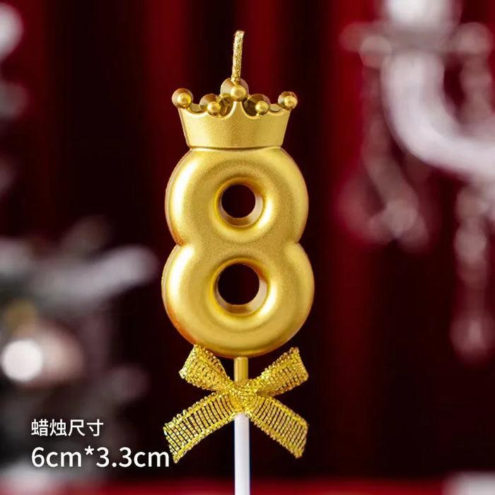 High-quality gold digital candle with crown and bow for birthday cake decoration