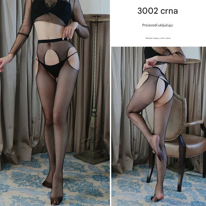 Split fitting bodysuits and transparent fishing net leggings showcase charm and allure