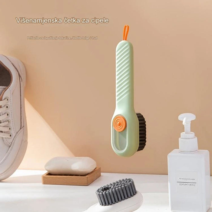 Versatile shoe brush with liquid dispenser and soft bristles