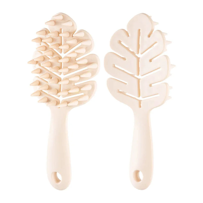 Leaf Teeth Long-Handled Comb, Hollow Silicone Bristles, Hard Bristles, Massage and Cleanse, Dry or Wet Use