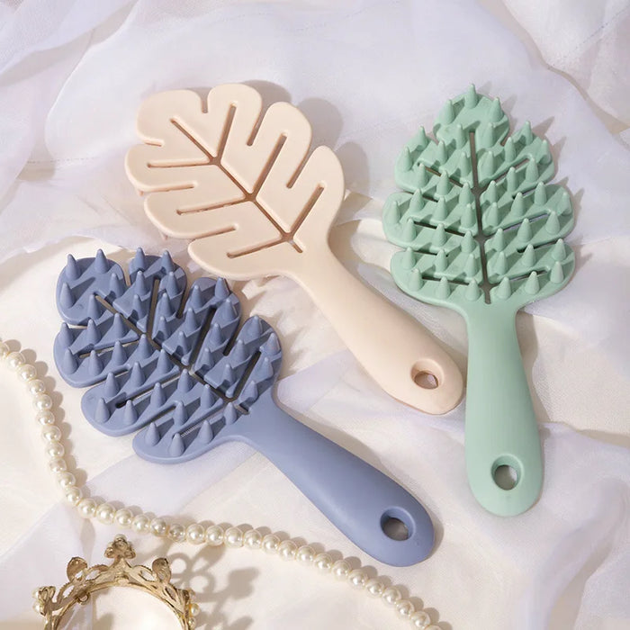 Leaf Teeth Long-Handled Comb, Hollow Silicone Bristles, Hard Bristles, Massage and Cleanse, Dry or Wet Use