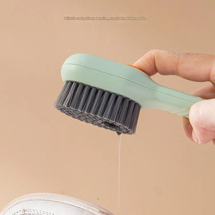 Versatile shoe brush with liquid dispenser and soft bristles