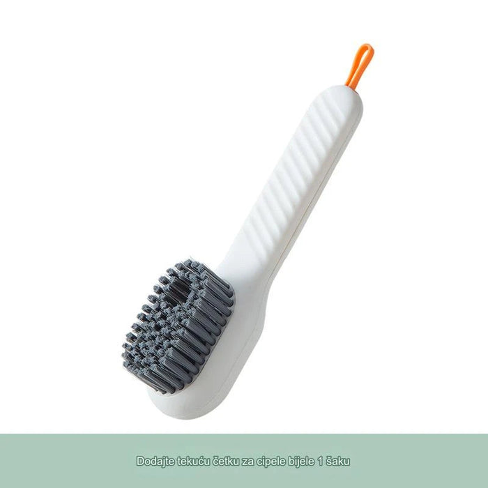 Versatile shoe brush with liquid dispenser and soft bristles