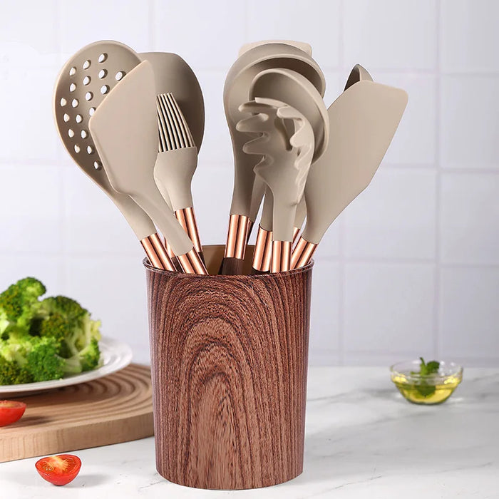 Premium non-stick cooking utensils set with gold-plated wood grain handle, heat-resistant silicone kitchen tools