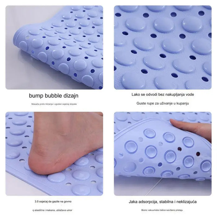 Non-slip bathroom mat with drain holes and suction cups