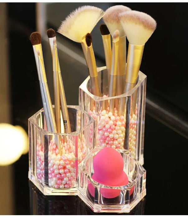 Clear acrylic makeup brush holder with multiple compartments