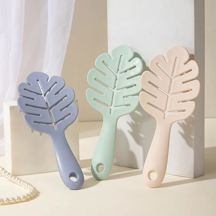 Leaf Teeth Long-Handled Comb, Hollow Silicone Bristles, Hard Bristles, Massage and Cleanse, Dry or Wet Use